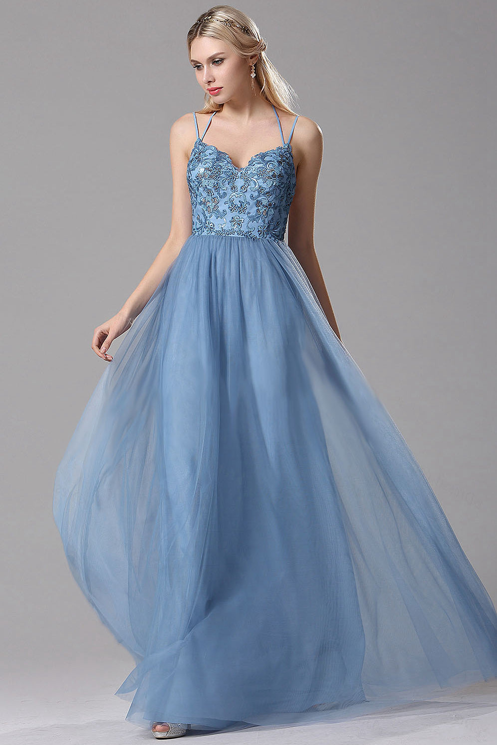 A-Line Sky Blue Lace Tulle Long Prom Dresses with Floral Lace and Spaghetti Straps