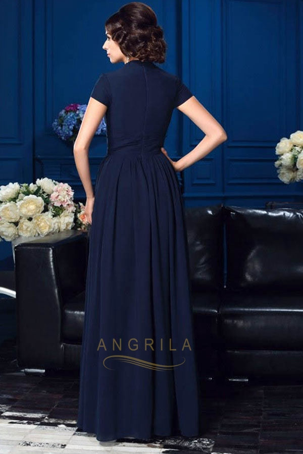 A-Line Chiffon Deep V-Neck Mother of the Bride Dresses with Short Sleeves