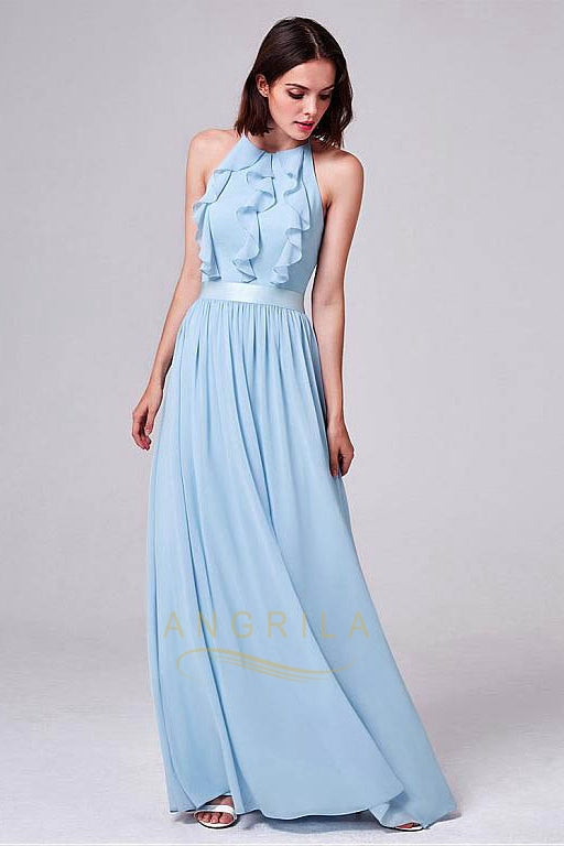 Sleek Chiffon Halter Neckline Backless Bridesmaid Dresses with Ruffles ...