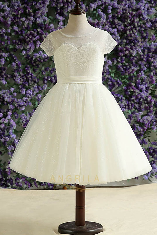 A-line/Princess Short Sleeves Tulle Flower Girl Dresses with Bow