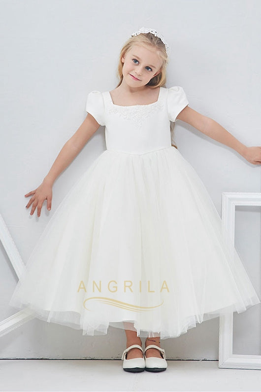 Colored Ball Gown Short Sleeves Long Flower Girl Dresses