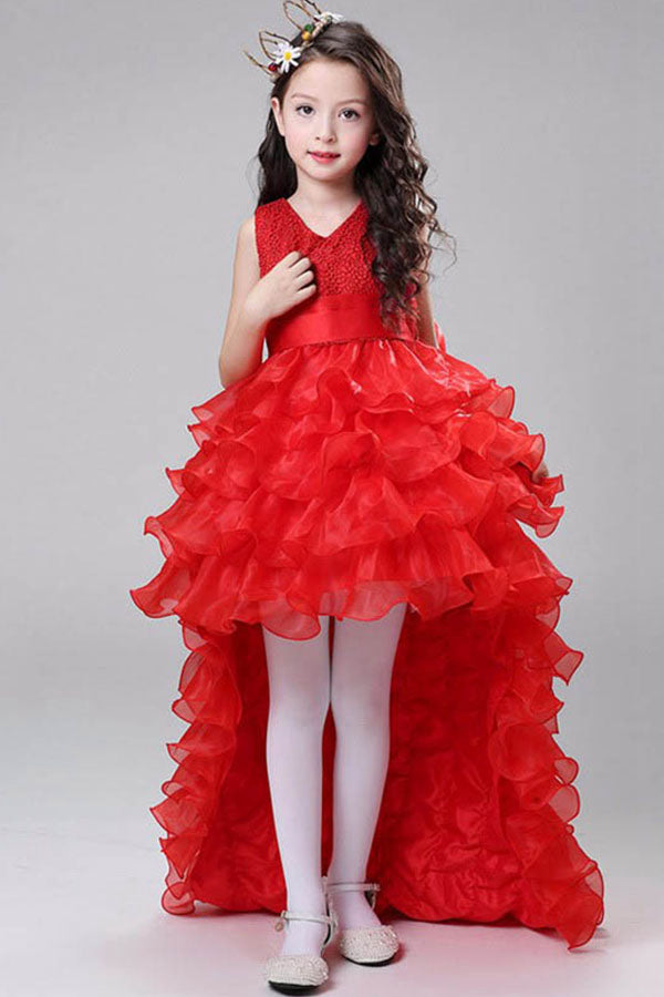 High Low Organza V-Neck Ball Gown Flower Girl Dresses