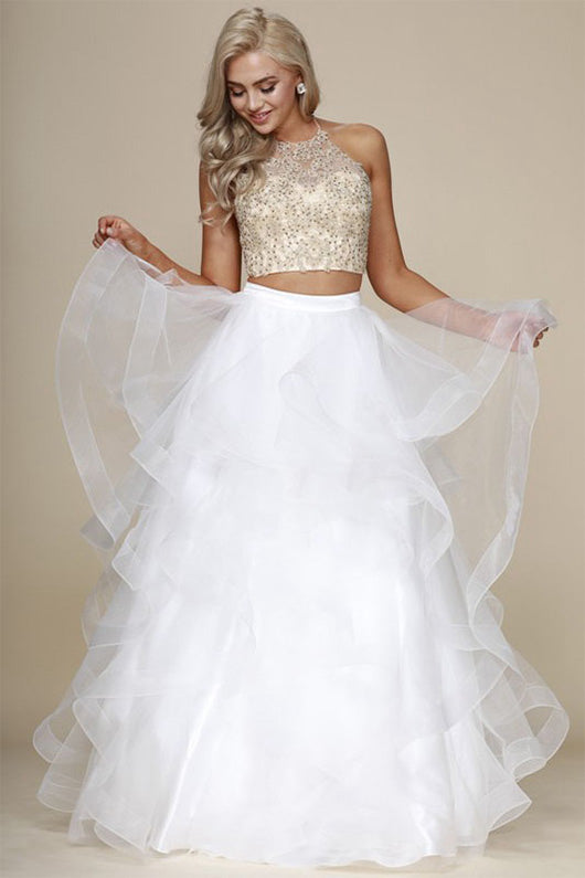 Two-Piece Ball Gown Halter Beading Tired Long Formal Prom Dresses