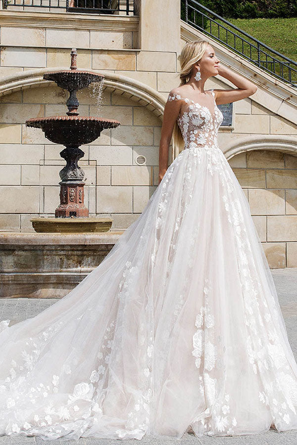 Glamorous Tulle Wedding Dresses with Lace Applique – Angrila