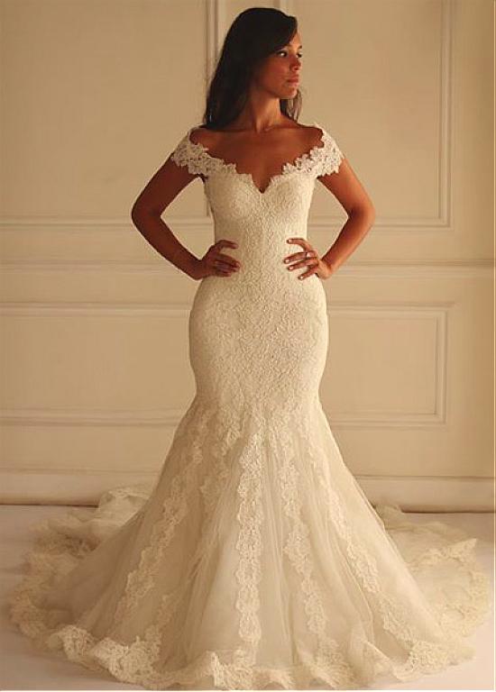 Trumpet/Mermaid Off-the-shoulder Lace Appliques Long Wedding Dress with Court Train