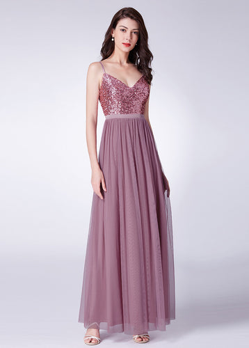 Tulle Spaghetti Straps  Floor-length A-line Bridesmaid Dresses with Sequined