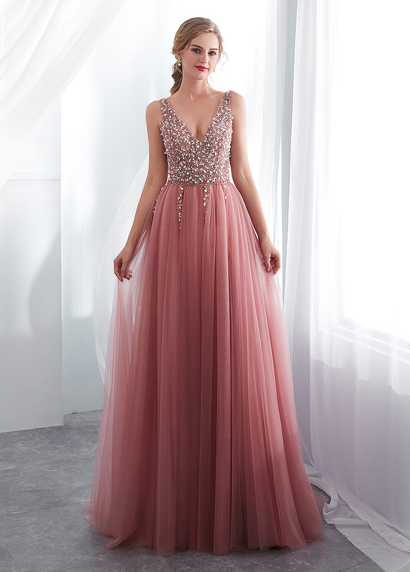 Tulle V-neck  A-line Floor-Length Sleeveless  Prom Dress With Beadings