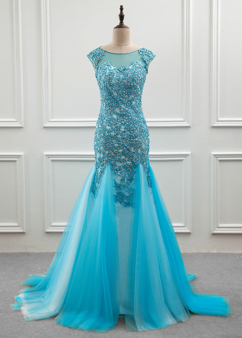 Tulle Scoop Mermaid Evening Dress With Beaded Lace Appliques