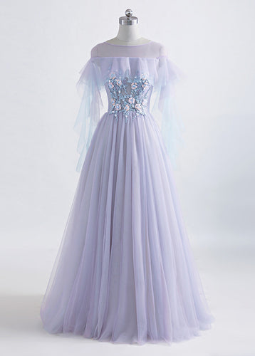 A-Line/Princess Tulle Jewel Floor-length Prom Dress With Beaded Lace Appliques