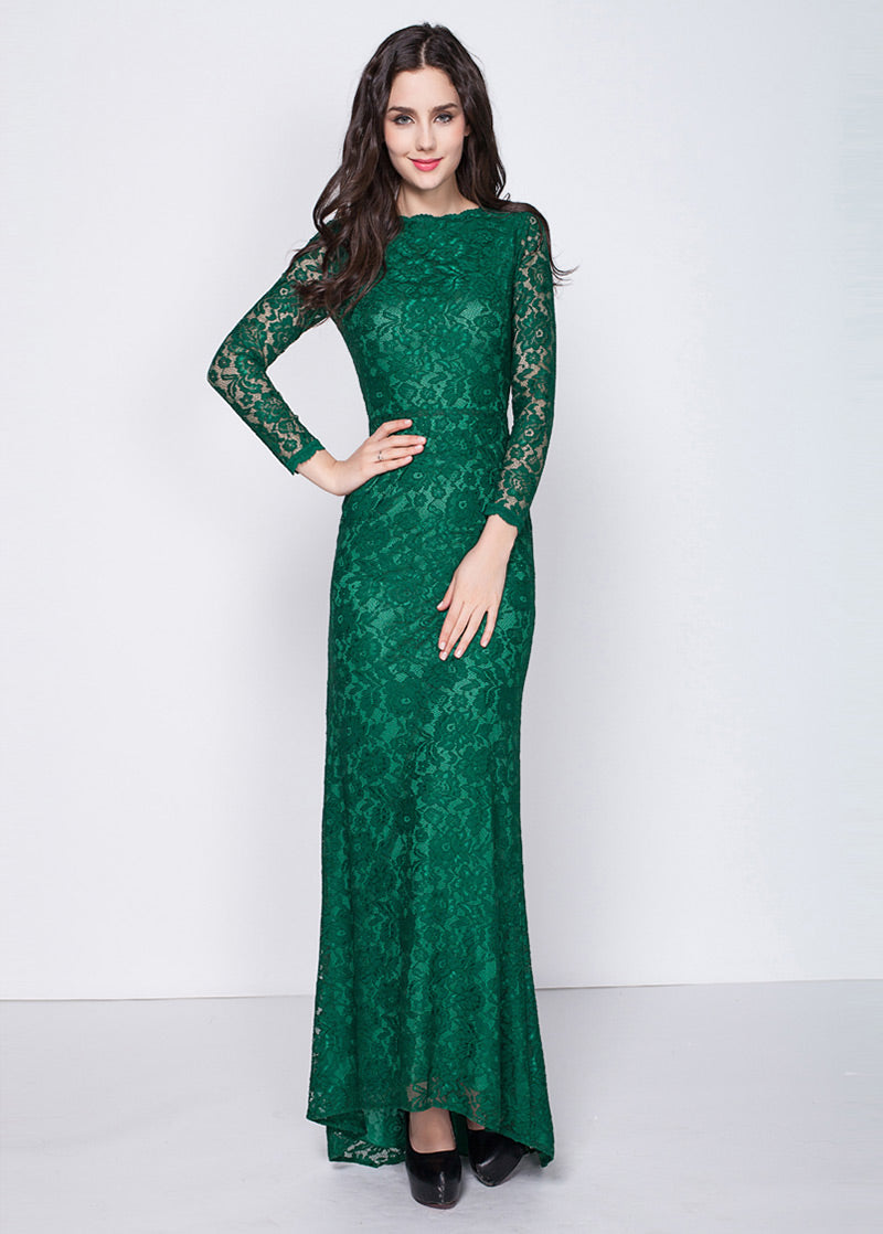 A-Line/Princess Green Floor-Length Lace Long Sleeves Evening Dresses