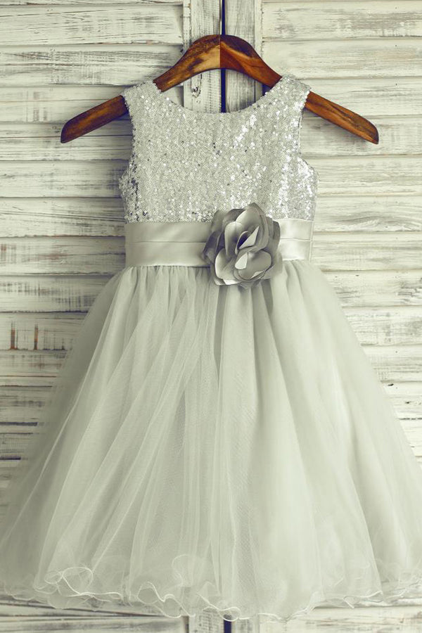 Tulle Sequined Sleeveless Flower Girl Dresses with Flower