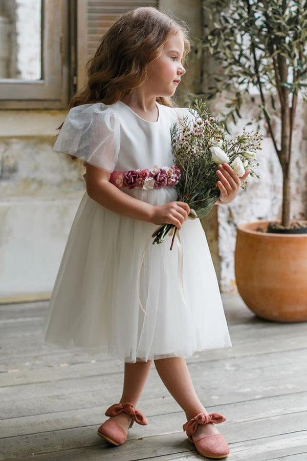 Tea Length Tulle Short Sleeves Flower Girl Dresses with Flower(s)