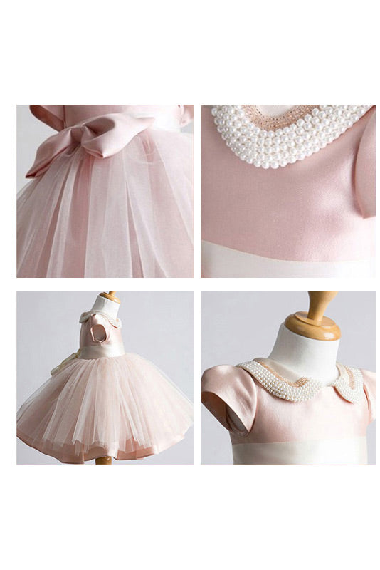 A-Line/Princess Tulle Short Sleeves Sweetheart Beading Flower Girl Dresses