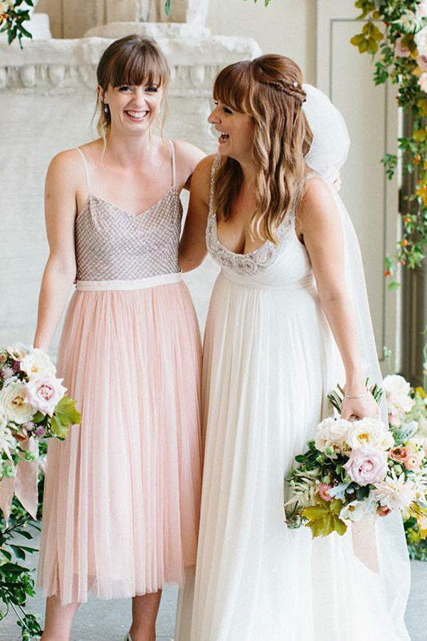 Tulle Short Spaghetti Straps Bridesmaids Dresses