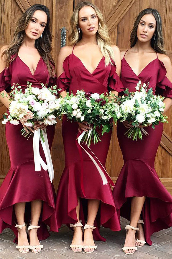 Trumpet/Mermaid Asymmetrical Satin Spaghetti Straps Bridesmaids Dresses