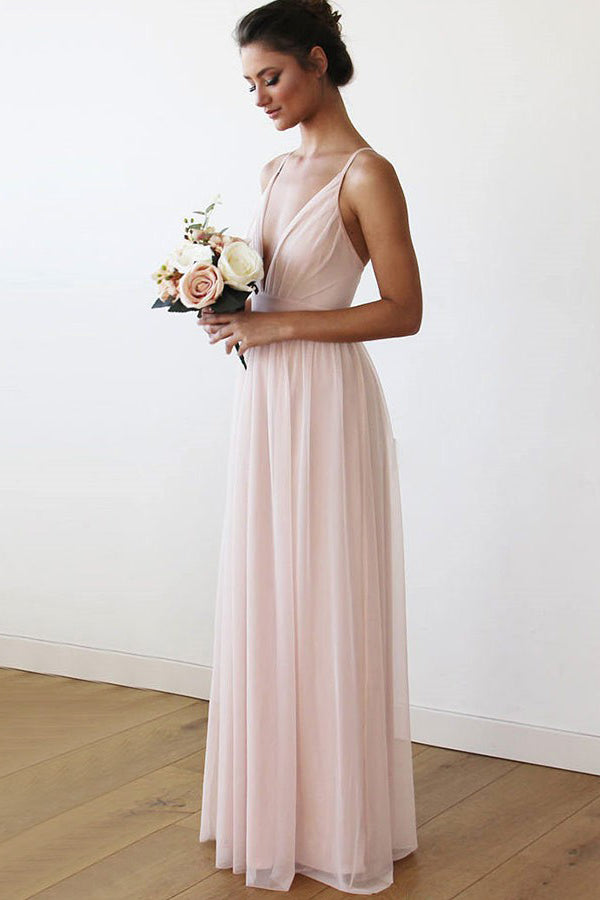 Tulle Sleeveless Spaghetti Straps Floor-Length Bridesmaids Dresses