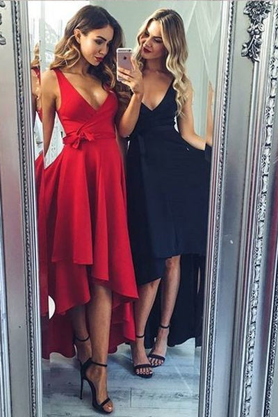 Satin Asymmetrical Sleeveless V-neck Sash  Prom Dresses