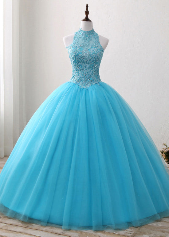 A-Line/Princess Tulle Appliques Lace Prom Dresses with Beading