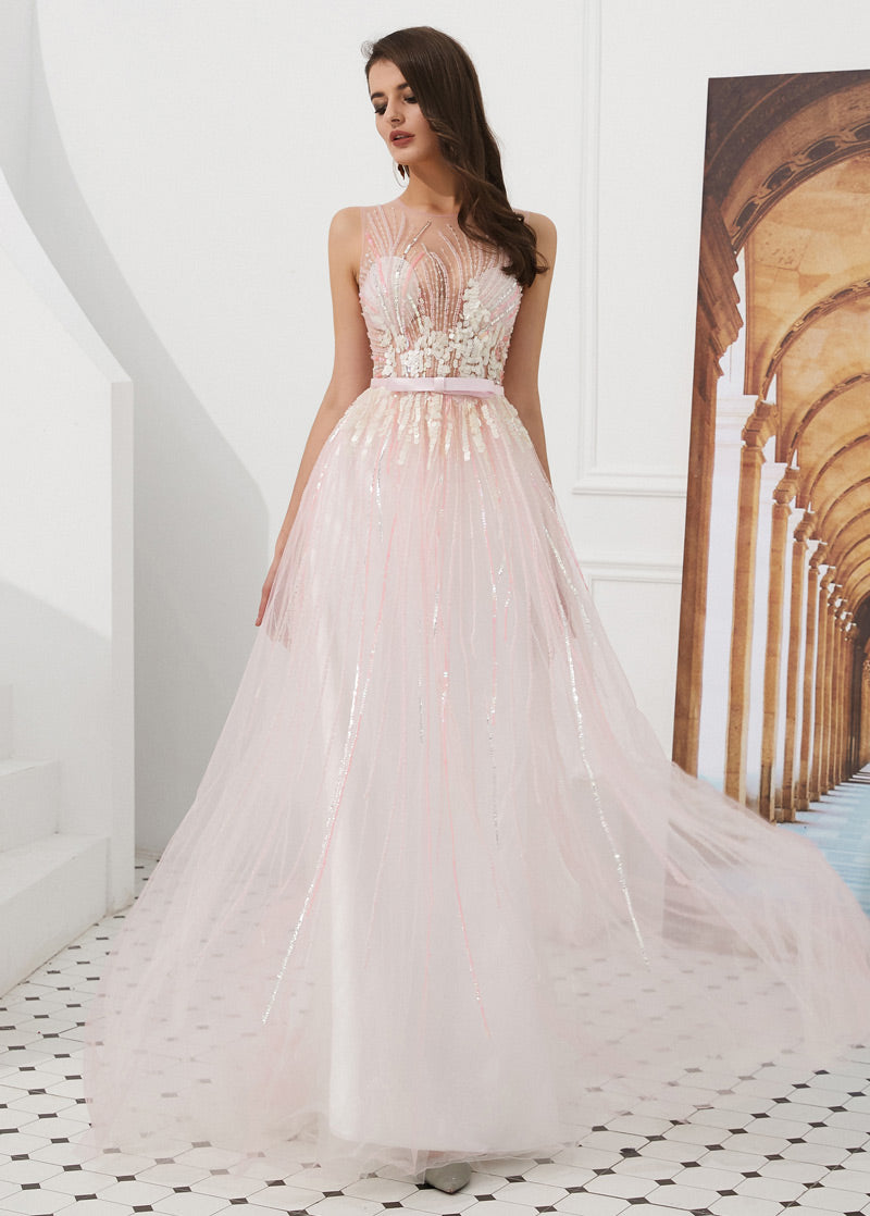 A-Line/Princess Tulle Beading Sleeveless Prom Dresses