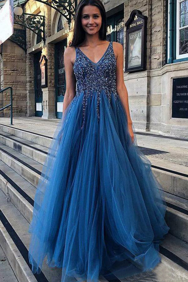 A-Line/Princess  Beading Tulle Sleeveless Prom Dresses