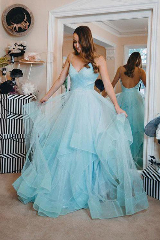 Spaghetti Straps Sleeveless Tulle Prom Dresses