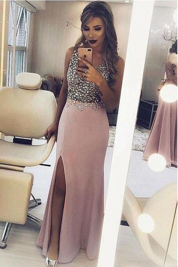 Regular Straps Satin Beading Sleeveless Prom Dresses