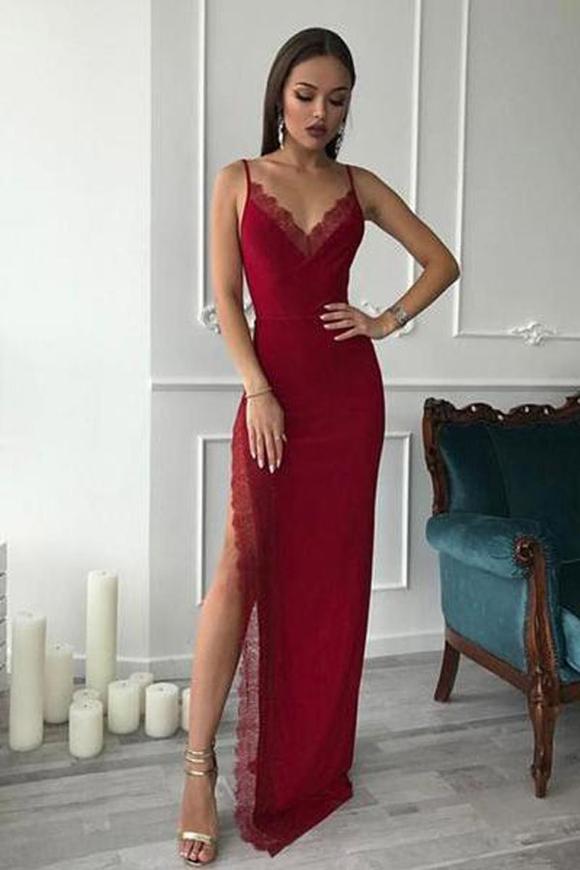 Trumpet/Mermaid Spaghetti Straps Lace Prom Dresses