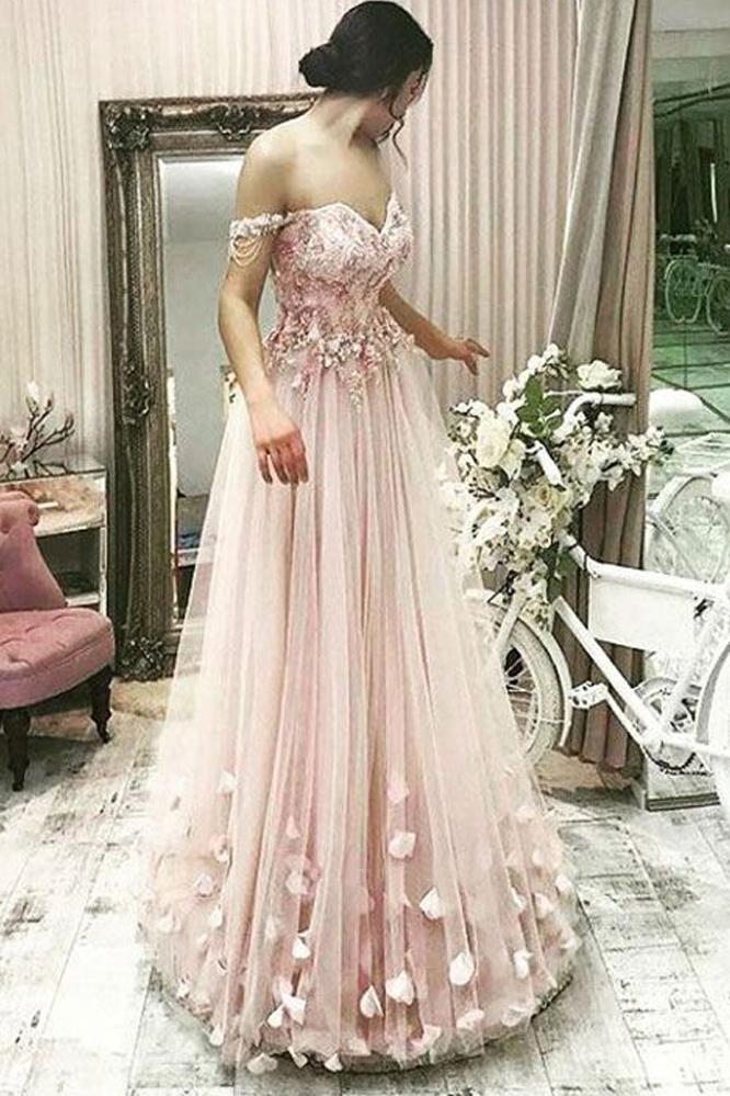 Off-the-Shoulder Tulle  Appliques Lace Prom Dresses