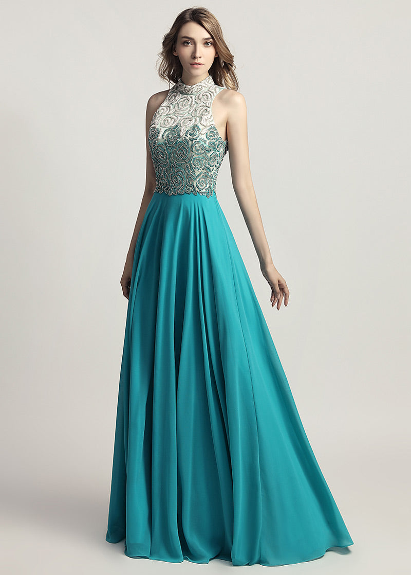 A-Line/Princess Chiffon Scoop Neck Appliques Lace Evening Dresses