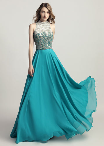 A-Line/Princess Chiffon Scoop Neck Appliques Lace Evening Dresses