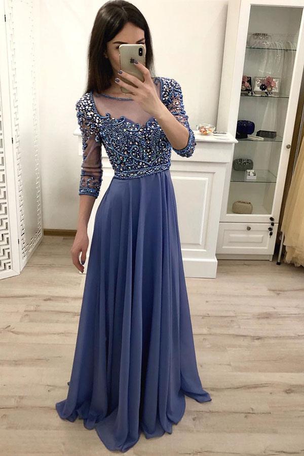 3/4 Sleeves Scoop Neck Chiffon  Beading Evening Dresses