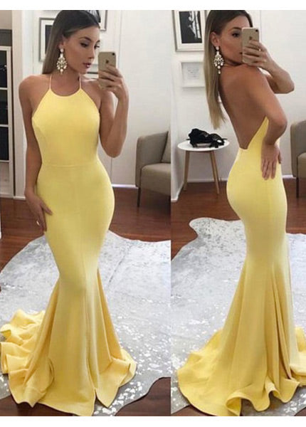 Trumpet/Mermaid Halter Open Back  Satin Prom Dresses