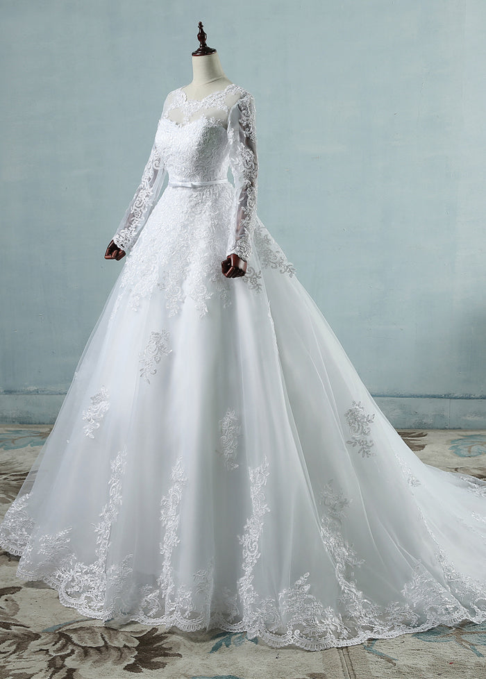 Long Sleeves Scoop Neck  Lace Wedding Dresses