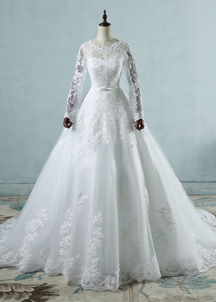 Long Sleeves Scoop Neck  Lace Wedding Dresses