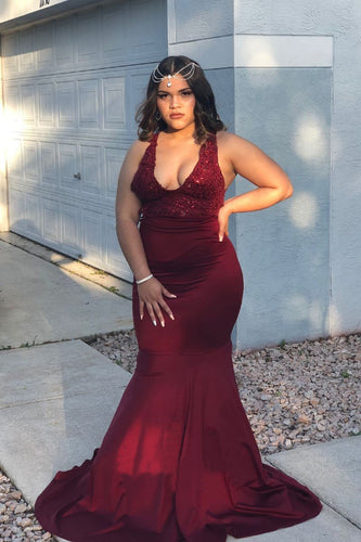 Burgundy Sleeveless Lace Plus Size Prom Dresses