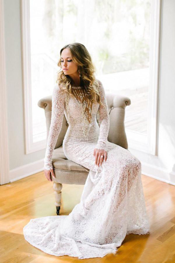 Open Back  Long Sleeves Lace Wedding Dress