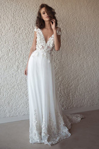 Chiffon Sweep Train  Appliques Lace Boho Wedding Dresses