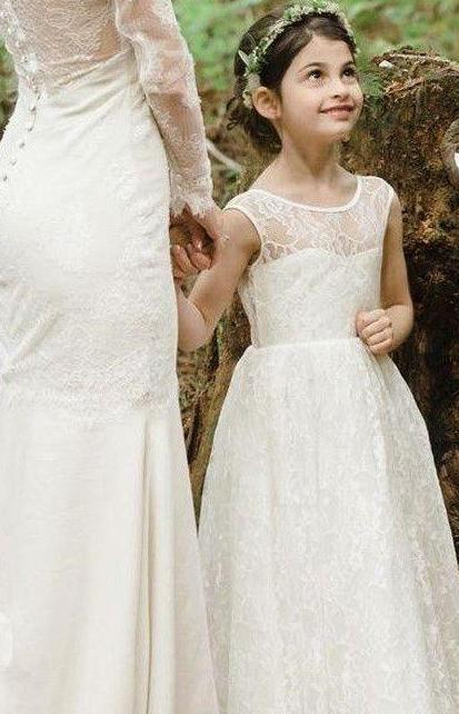 Scoop Neck Lace Long Flower Girl Dresses