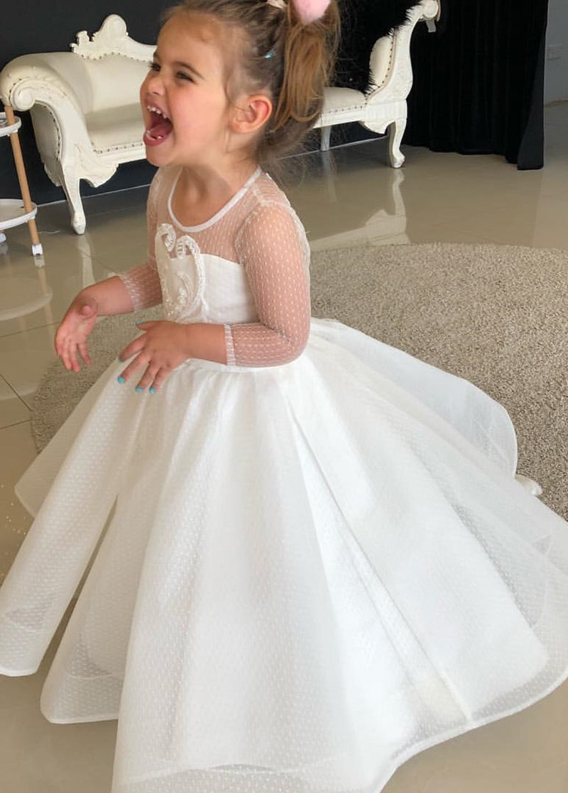 White Scoop Neck  Appliques Lace Flower Girl Dresse