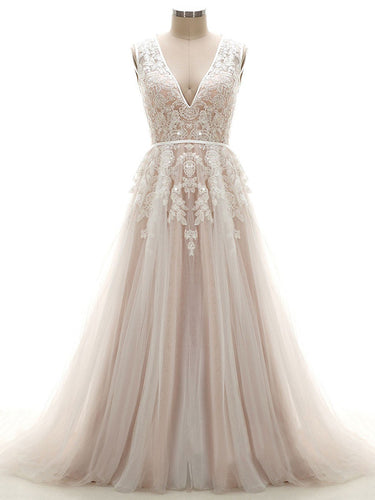 Tulle V-neck Appliques Lace Wedding Dresses