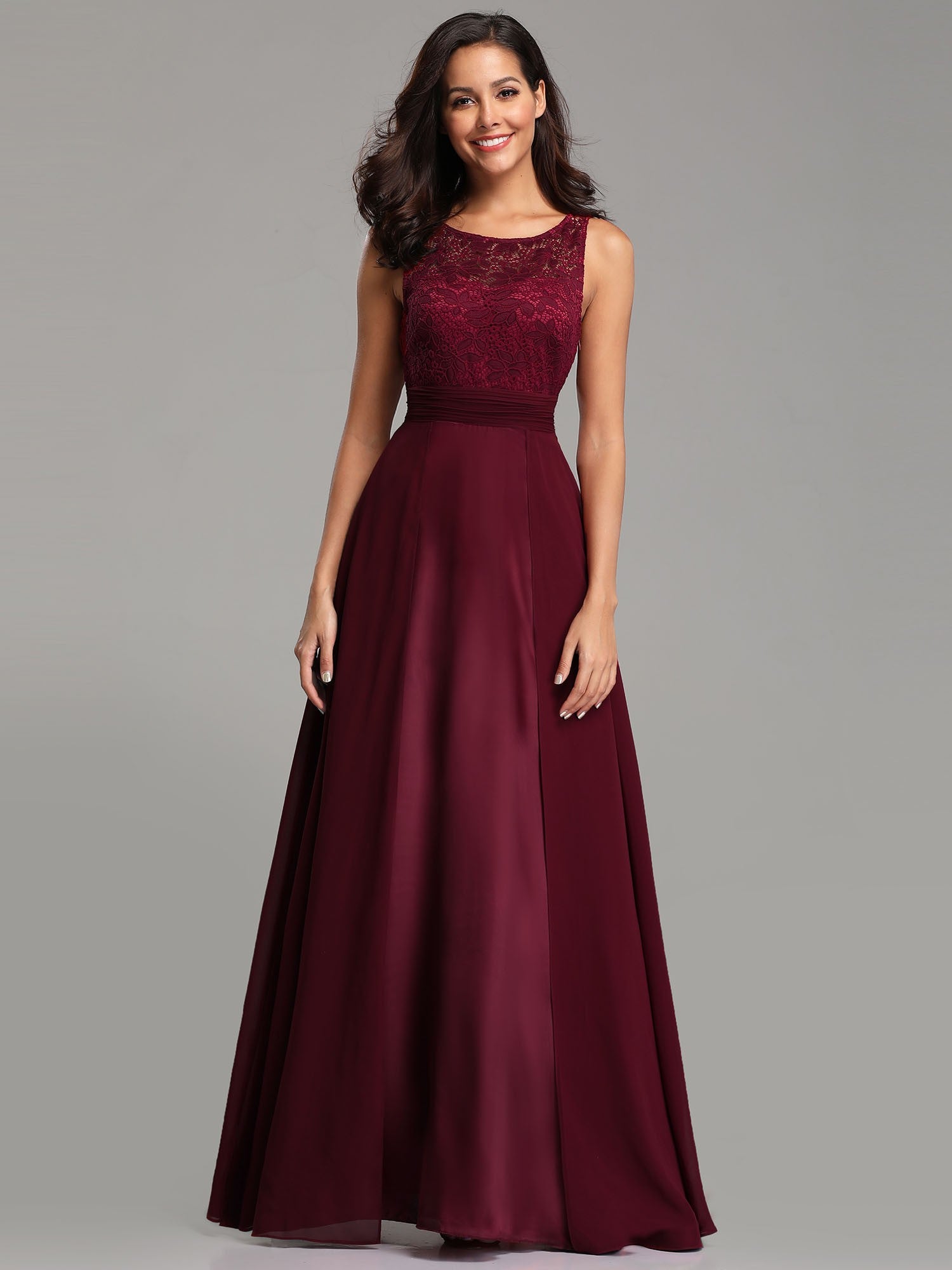 Burgundy  Chiffon Scoop Neck Lace Evening Dresses