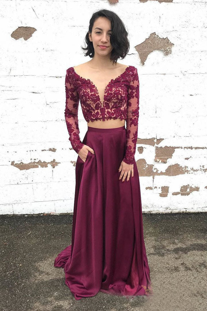 A-Line/Princess Lace Long Sleeves Evening Dresses