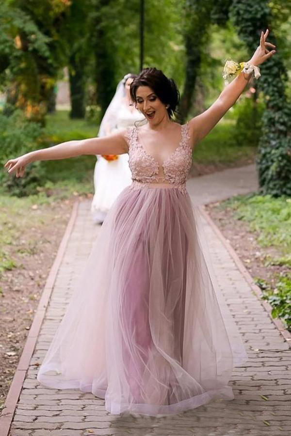 Appliques Lace Floor-Length Tulle Prom Dresses 2019