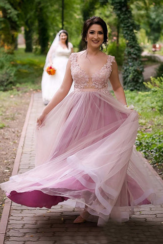 Appliques Lace Floor-Length Tulle Prom Dresses 2019