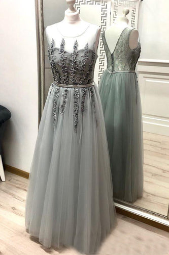 Scoop Neck Floor-Length Tulle Sleeveless Evening Dresses