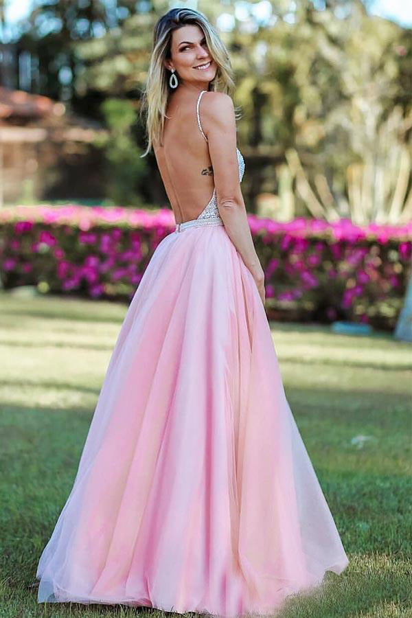 Open Back V-neck Spaghetti Straps Beading Tulle Prom Dresses