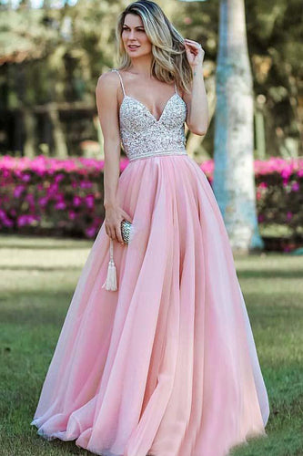 Open Back V-neck Spaghetti Straps Beading Tulle Prom Dresses