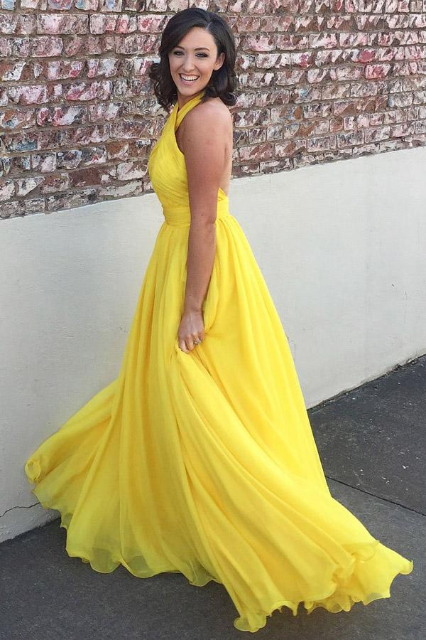 Chiffon Yellow Halter  Long Bridesmaids Dresses