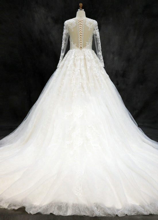 Tulle Long Sleeves Lace Sweep Train Wedding Dresses