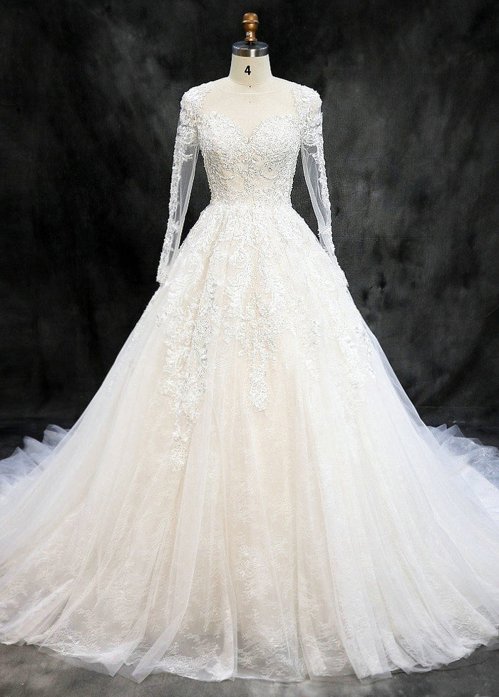 Tulle Long Sleeves Lace Sweep Train Wedding Dresses